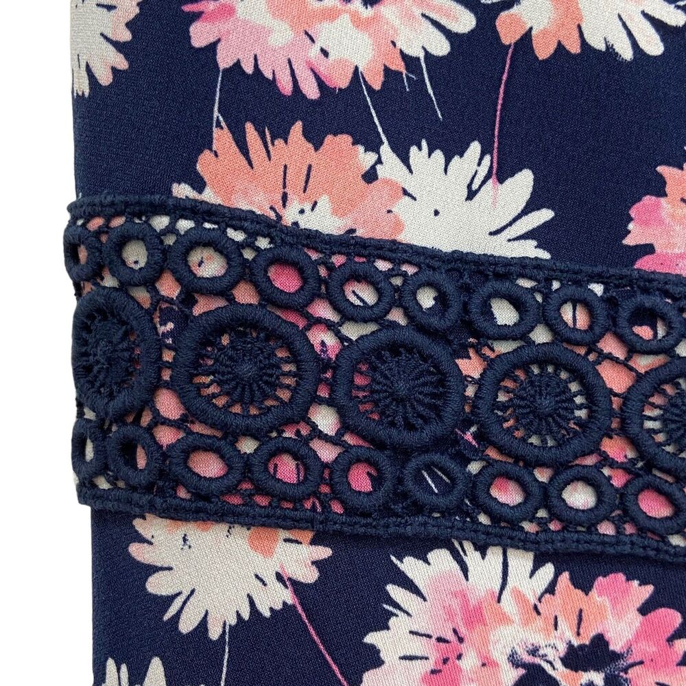 Karin Stevens Navy Blue & Pink Floral Knit Lace Waist Dress Women's size 12 - Picture 3 of 9